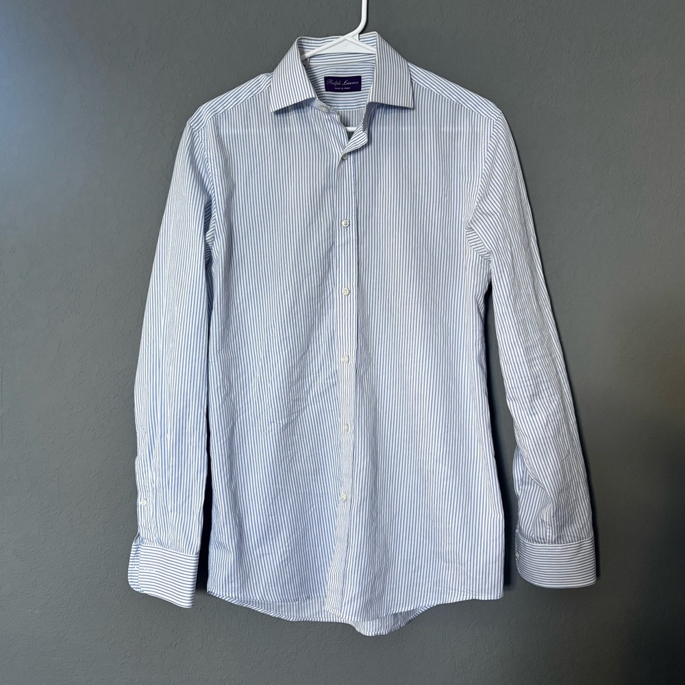 Ralph Lauren Men's White and Blue Pinstripe Shirt